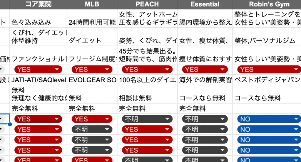 Personal Gym.Life編集部が独自に実施した薬院のパーソナルジムの調査時の画像(Googleスプレットシートを活用)